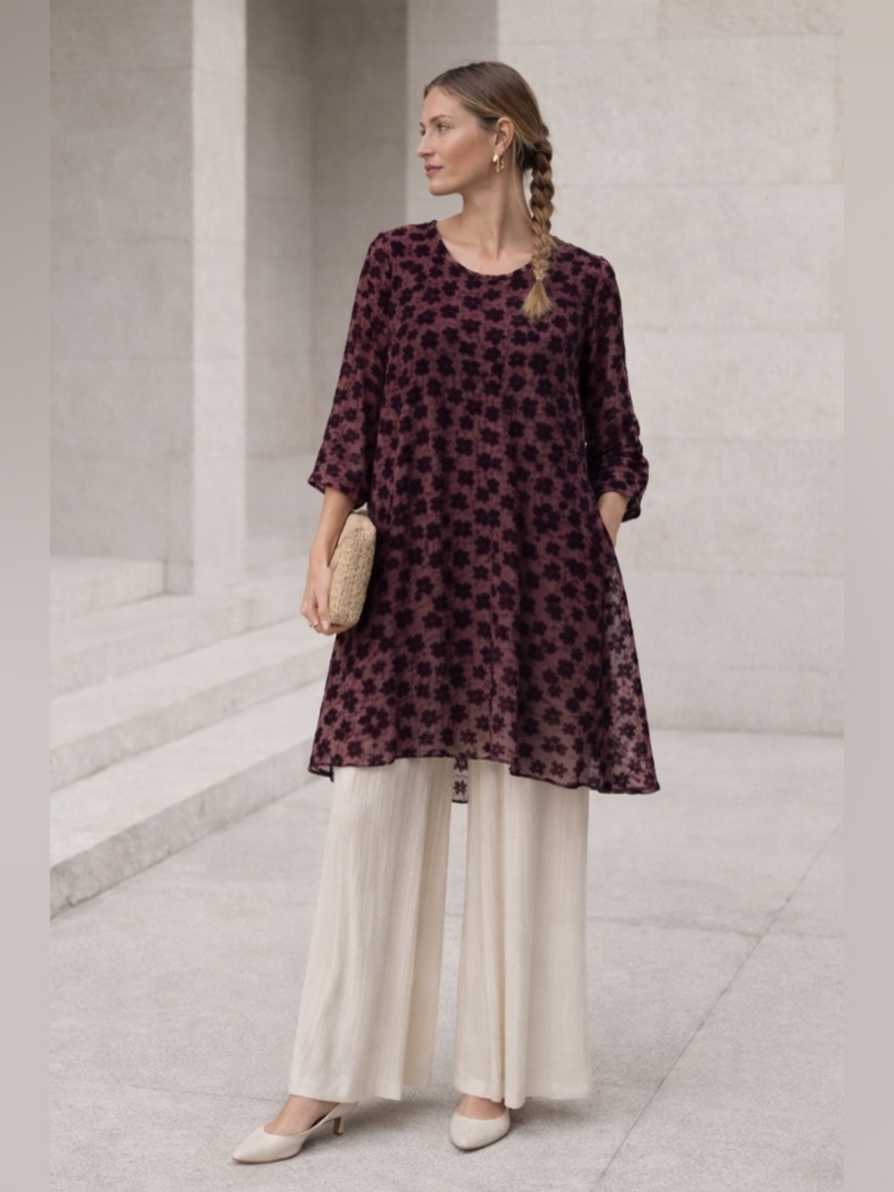 GRIZAS | Silk Blend Burnout Dress | Plum Wine | Size L